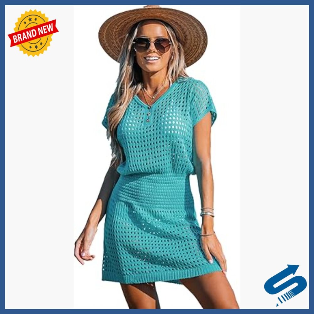 Crochet V-Neck Swim Cover Up Dress, Short Sleeve, Polyester, Size Small